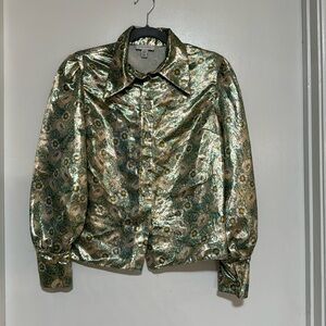 NEW Topshop Metallic Floral Print 70's Collar Shirt in Mint Size 4